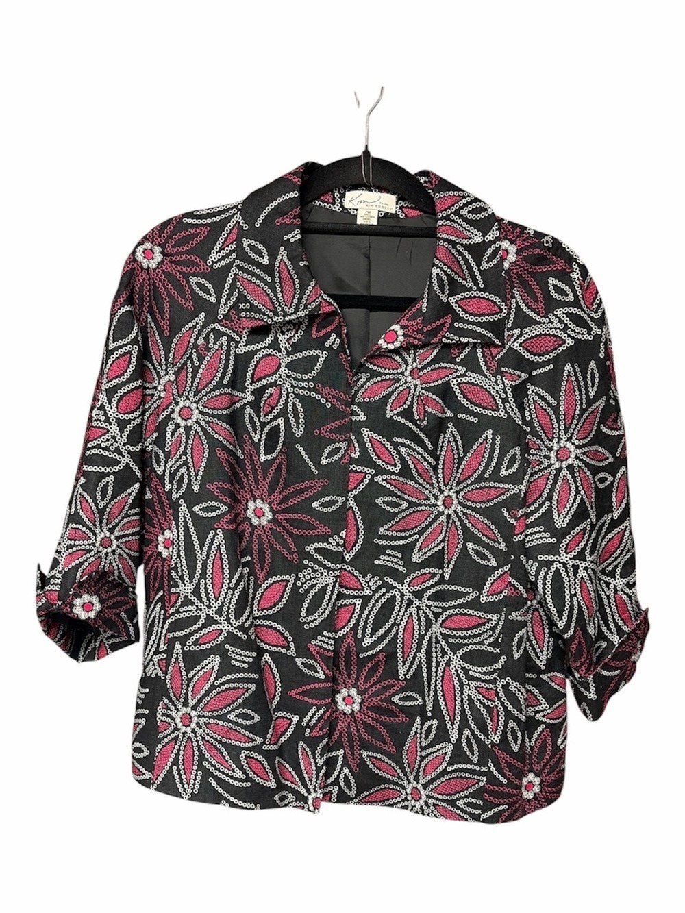 Kim Rogers Petite PM LineFloral Sequin Blazer Jacket Black Pink White 3/4 Sleeve